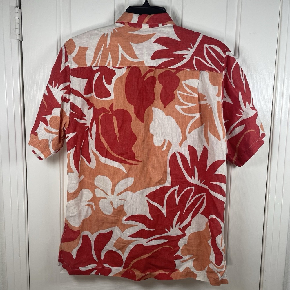 Tommy Bahama Short Sleeve Shirt Men Medium Red Linen Pocket Monstera Leaf EUC - Picture 3 of 6